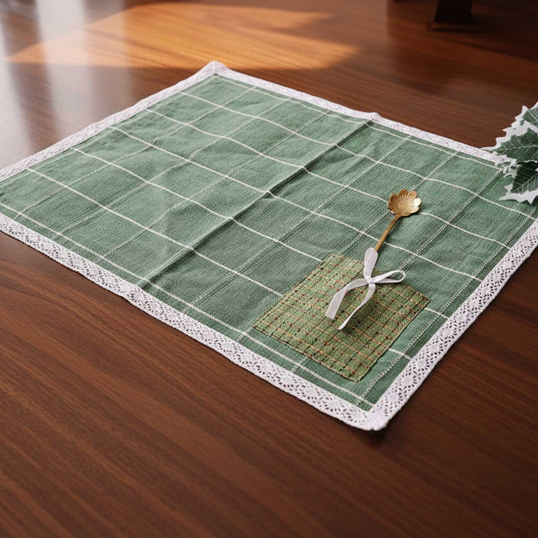 4 Pc | Handmade Checks And Cheer Pine Green Cotton Table Mat