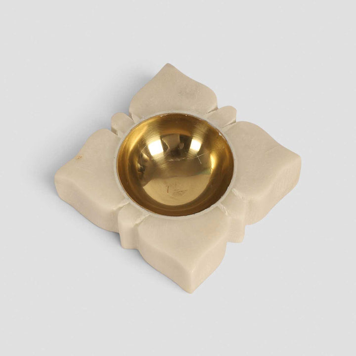 Set Of 2 | Handmade Square Marble & Brass Oil Lamp / Diya For Pooja Decor