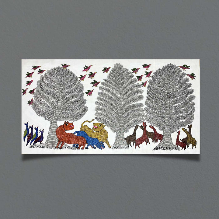 15 x 22 Inch | Nature & Animal behavior | Original Hand Painted Tribal Gond Art Painting | Acrylic Paints On Canvas