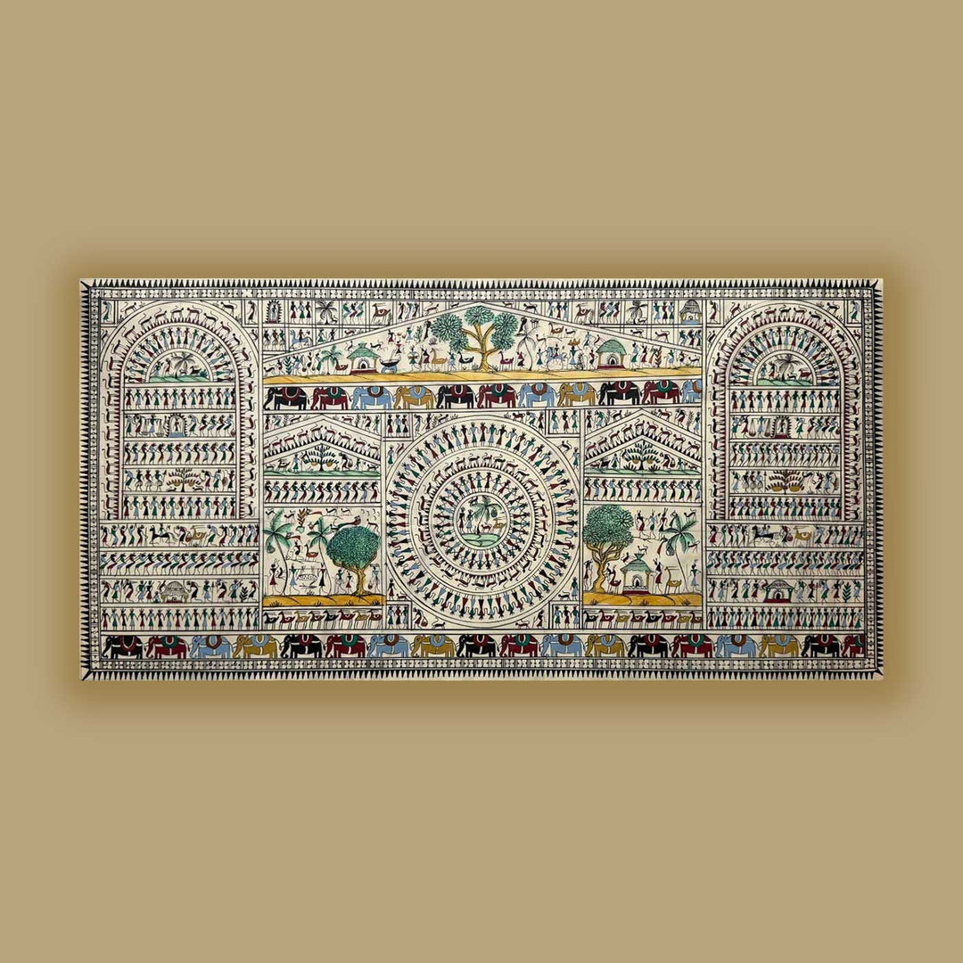 41 X 20 Inch | Handmade Tussar Silk Saura Mandala Painting