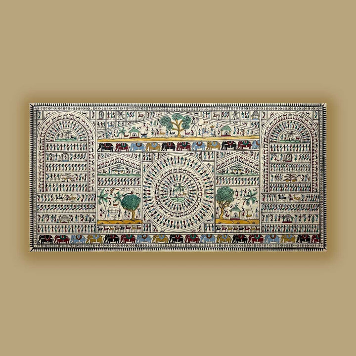 41 X 20 Inch | Handmade Tussar Silk Saura Mandala Painting