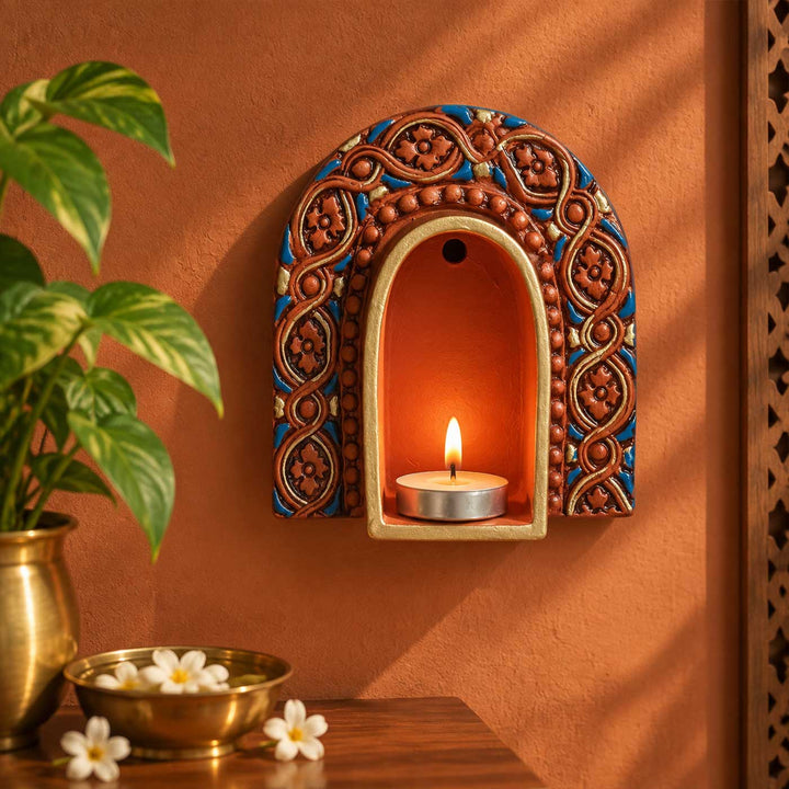 Hand-Painted "Royal Blue Arch" Terracotta Wall Decor Tealight Holder With Gold Detailing For Festive Decor