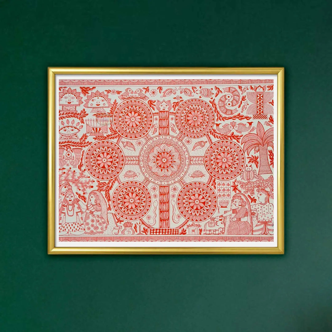 11 x 16 Inch | Harmony in Red | Original Hand Painted Madhubani Painting On Paper