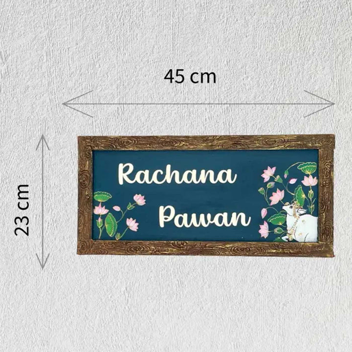 Pichawai Theme Personalized Wooden Name Plate With Border For Home
