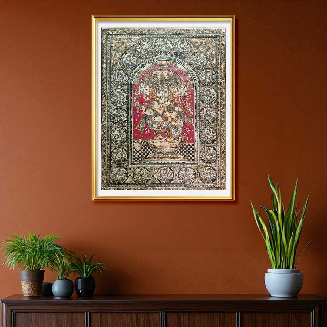20 X 30 Inch | Handmade Silk Dancing Panchamukhi Ganesha Painting