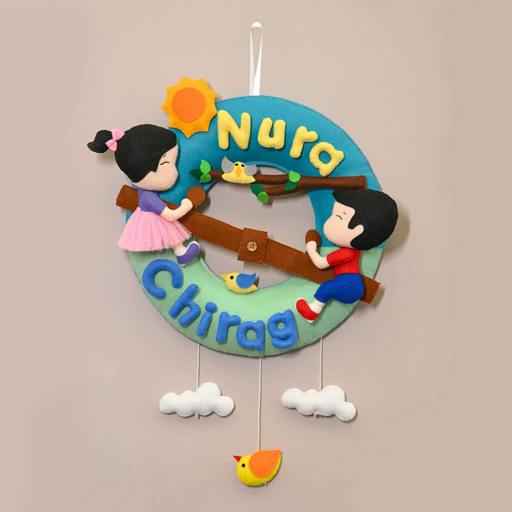 Personalized See-Saw Theme Round Felt Kid's Nameplate For Siblings