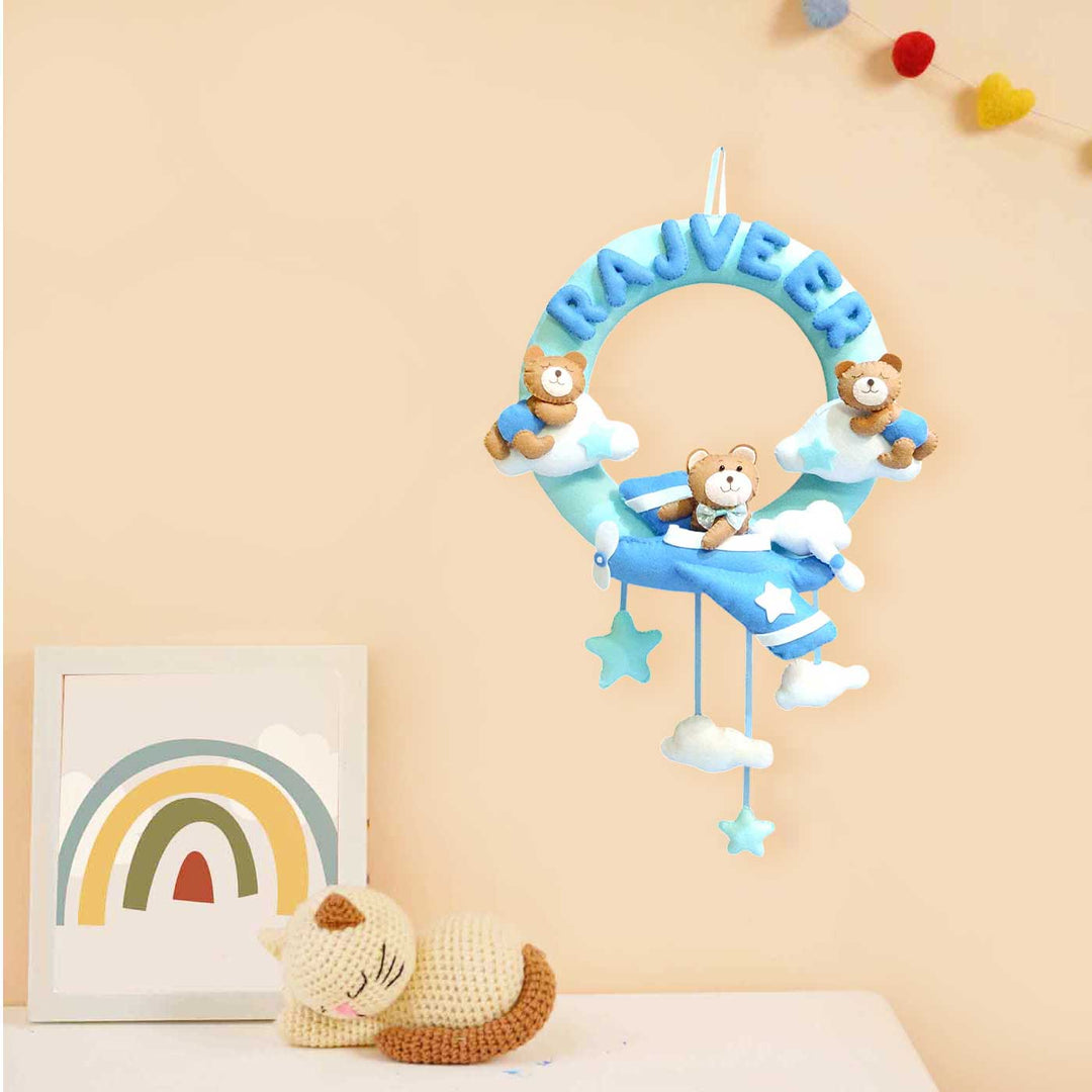 Personalized Handmade Teddy & Aeroplane Theme Felt Kids Name Plate