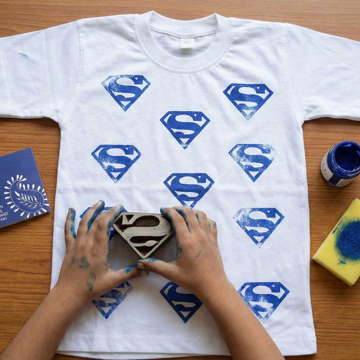Superman Design T-shirt Block Print DIY Kit | 1 White Cotton T-shirt, 1 Fabric Paint And 1 Wooden Block