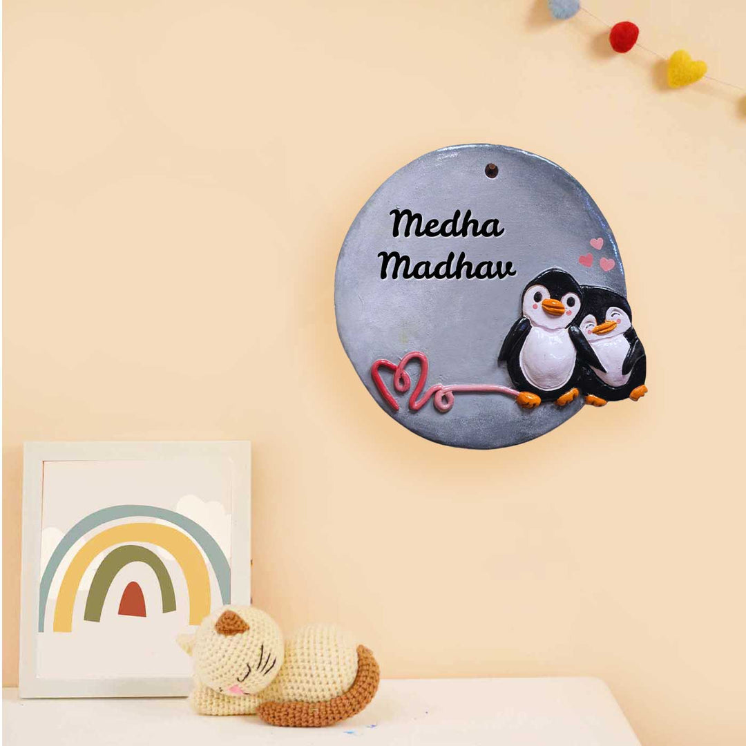 Personalized Hand-Painted Penguin Terracotta Name Plate For Couples