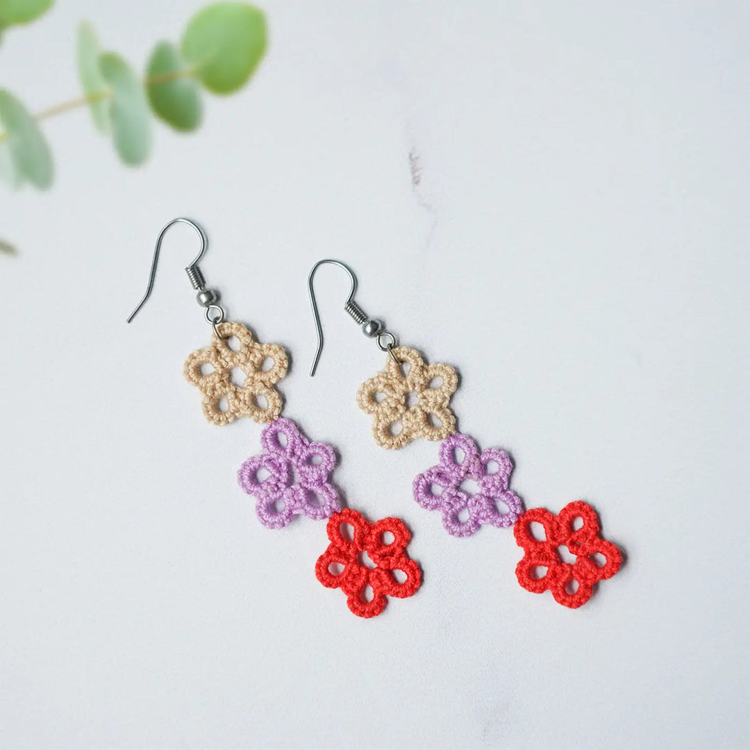 Handmade Tatting Trio Flower Cotton Earrings