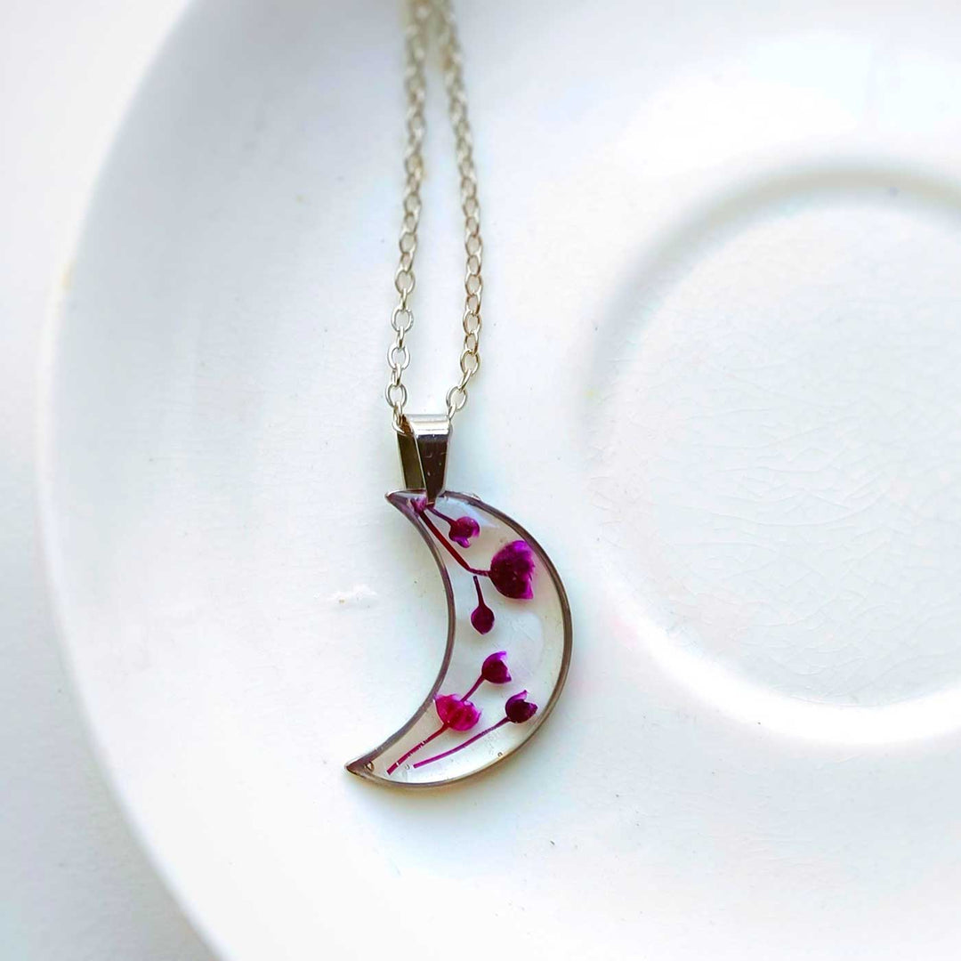 Pink Preserved Flower Luna Moon Shape Stainless Steel Necklace