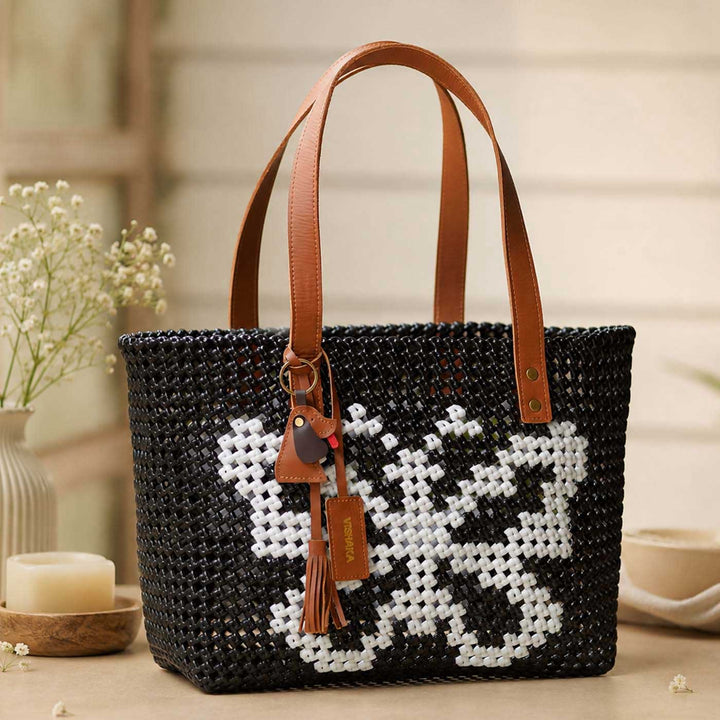 Handwoven Black Koodai Tote Bag with White Butterfly Motif
