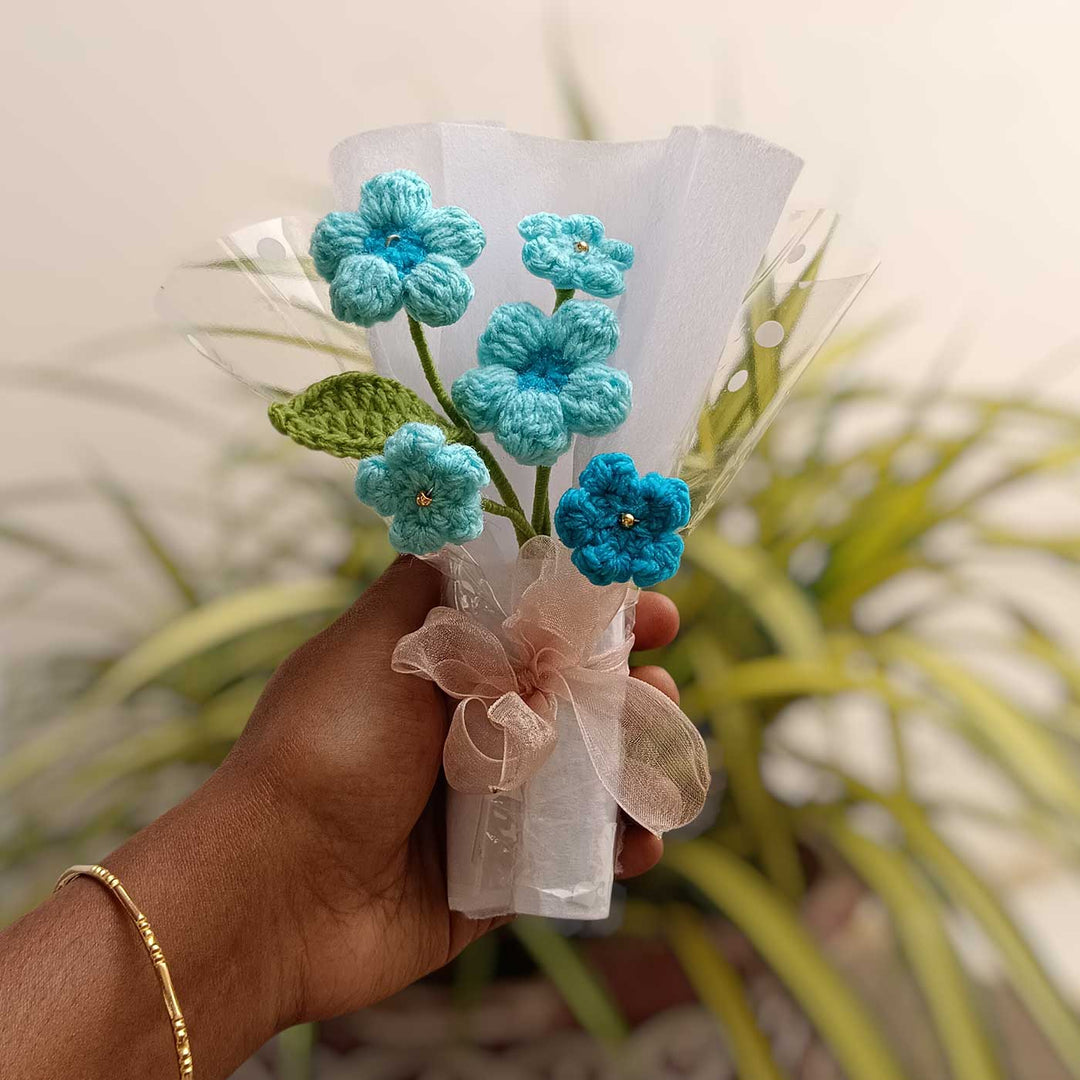 Handmade Crochet Classic Blue Mini Flower Bouquet | Includes Photo & Greeting Card