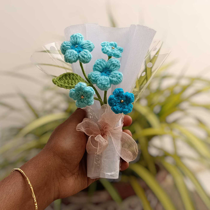 Handmade Crochet Classic Blue Mini Flower Bouquet | Includes Photo & Greeting Card