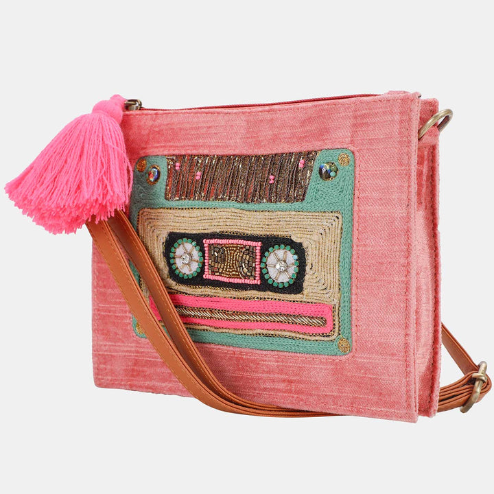 Handmade Embroidered Cassatte Design Pink Velvet Sling Bag