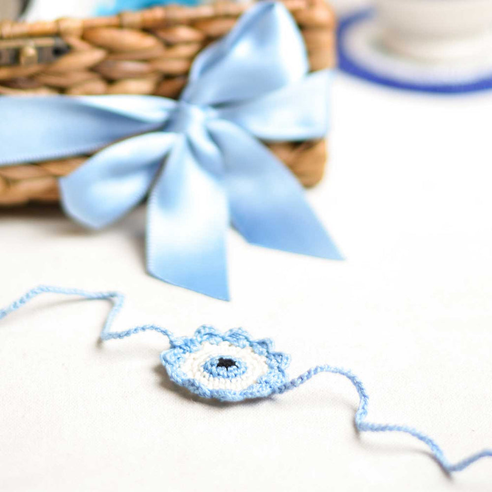 Handmade Crochet Evil Eye Design Cotton Rakhi - Crochet Bracelet with Ribbon Bow