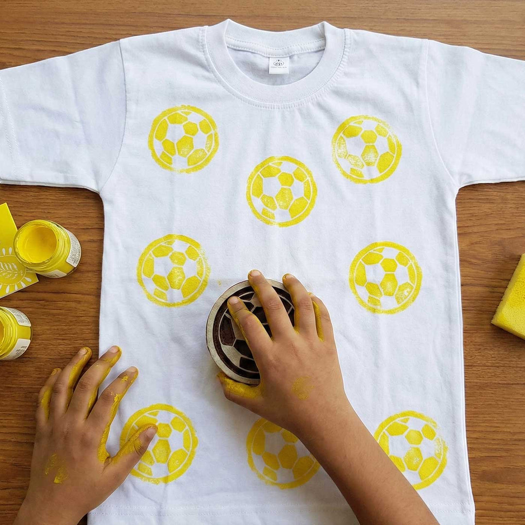 Football Design T-shirt Block Print DIY Kit | 1 White Cotton T-shirt, 1 Fabric Paint And 1 Wooden Block