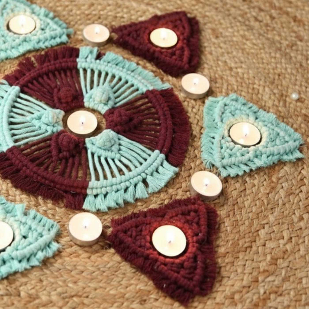 Handmade Macrame Rangoli Design Cotton Tealight Holder | Includes 1 Center Piece, 6 Small Pieces And 10 Tea Light Candles
