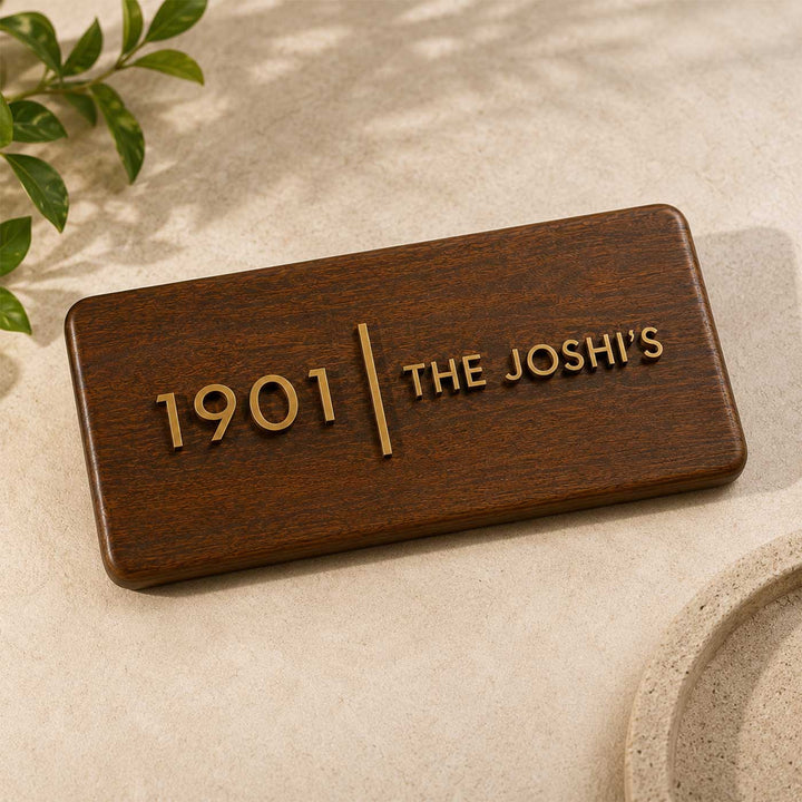 Brass 3D Letter Handcrafted Teak Wood Personalized Name Plate For Home