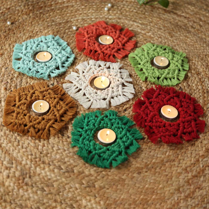 Handmade Macrame Rangoli Design Cotton Tealight Holder | Includes 7 Holders And 10 Tea Light Candles