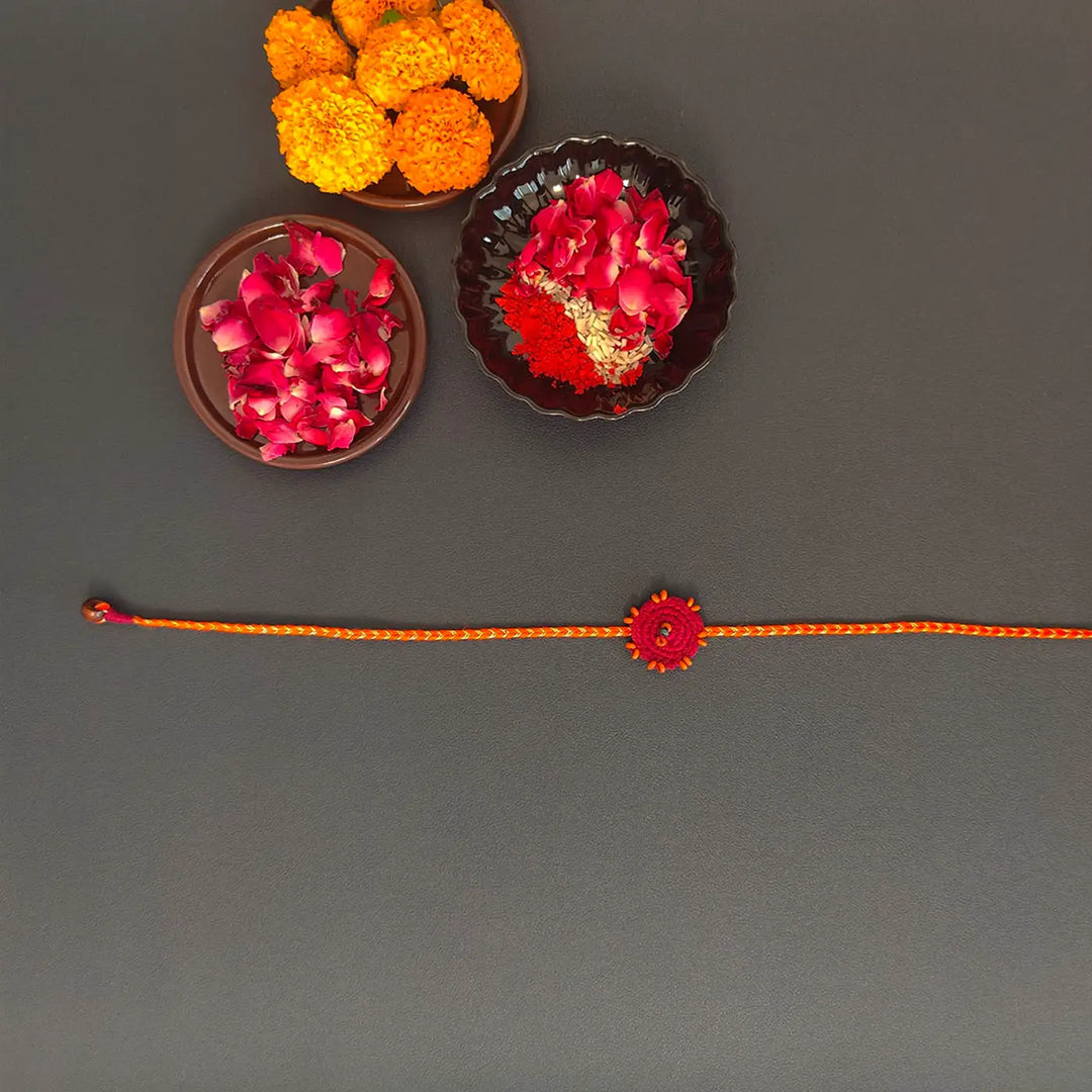 Handmade Crochet Beaded Round Ethnic Rakhi With Roli Chawal