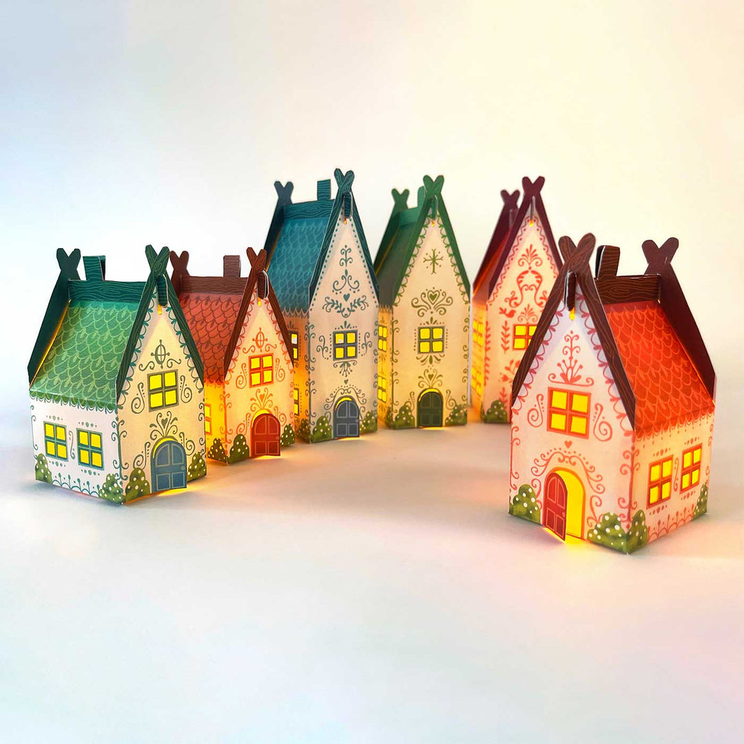 Handmade Mini Christmas Village Design Paper Tealight Holder With Electric Tealight | Set Of 6