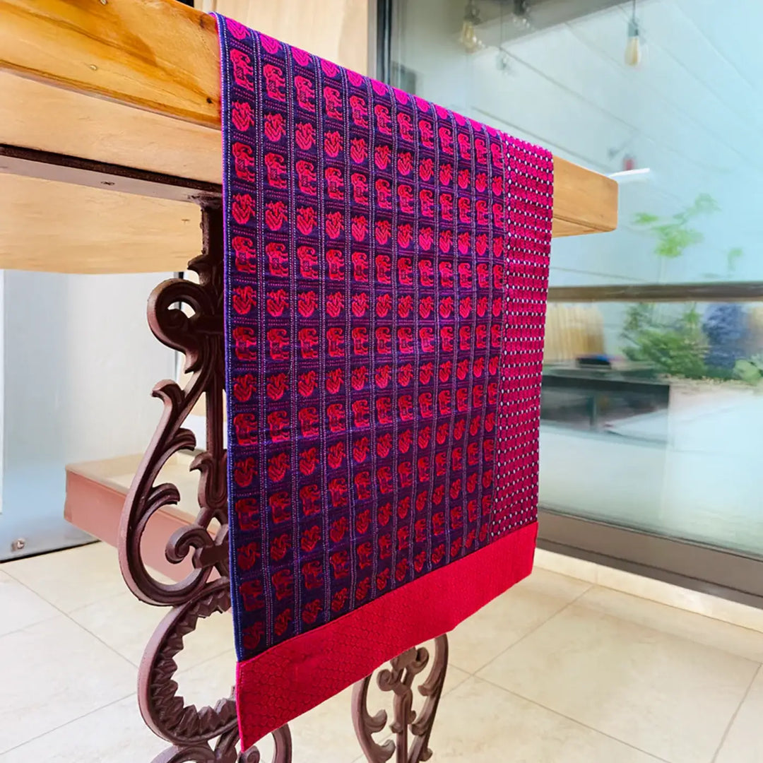 Handmade Purple Elephant & Peacock Design Khunn Fabric Cotton Table Runner | 12 x 60 Inch