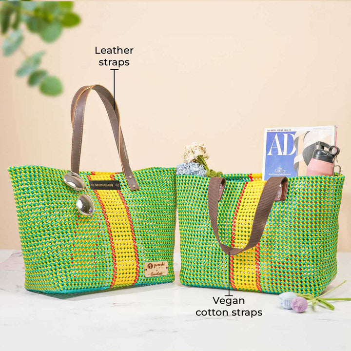 Green And Yellow Line Mukhya Knot Handmade Koodai Beach Bag