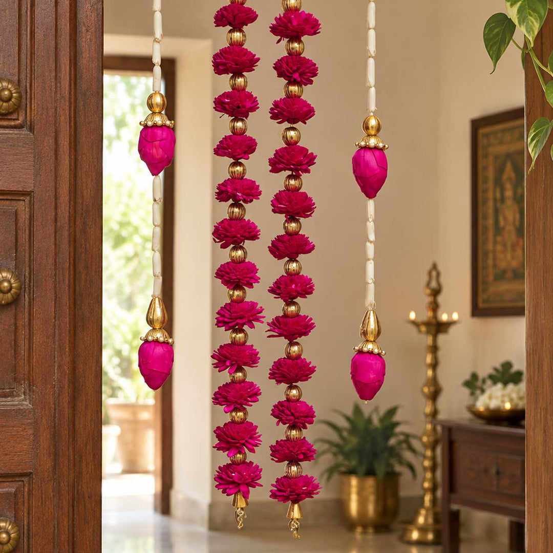4 Pc | Handmade Mohani Magenta & Pink Sola Wood Flower Door Hangings with Lotus Bud Drops
