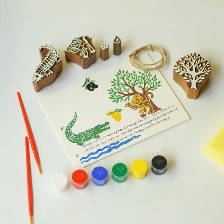 The Monkey and the Crocodile Panchatantra Block Printing DIY Kit | 5 Stamps, Poster Colours, Painting Brush, Printing Pads, Story Cards  And Jute String