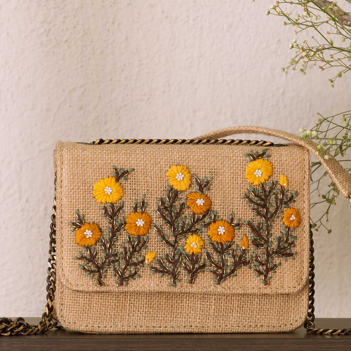 Personalized Embroidered Buttercups Beige Flap Bag