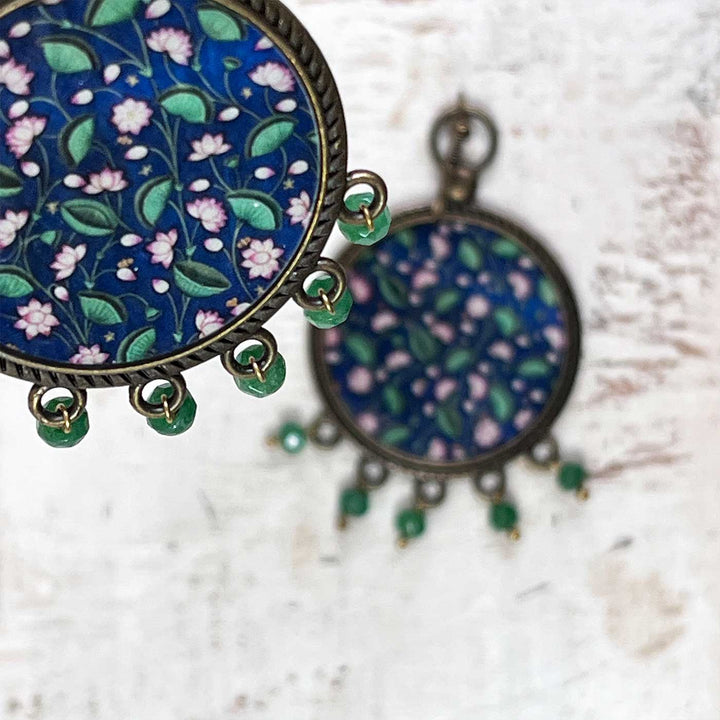 Blue Floral Pichwai Lotus Design Metal Earrings