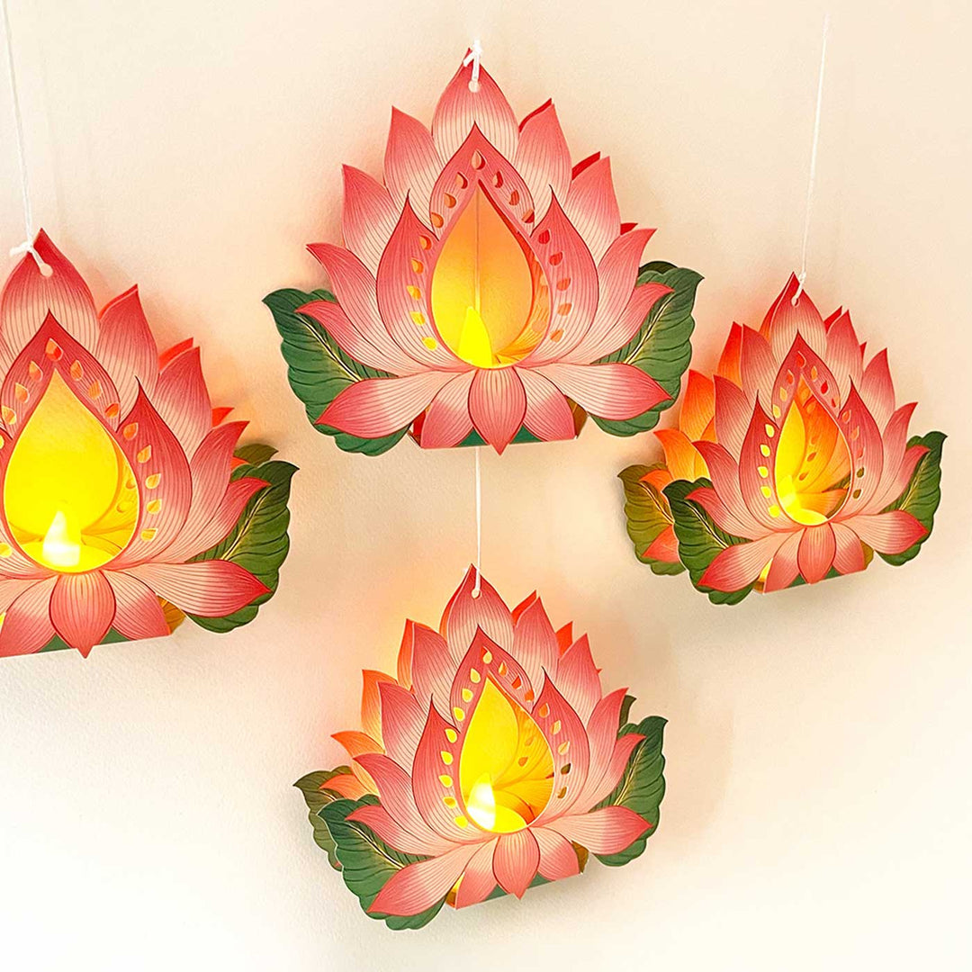 Handmade Hanging Lotus Diya Design With Electric Tealights | Set Of 4