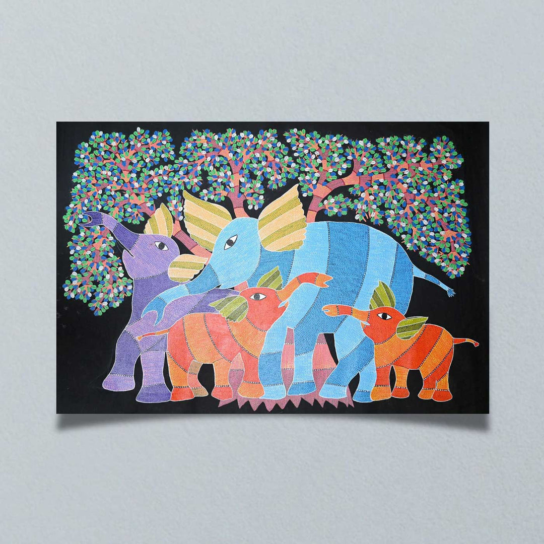 15 x 22 Inch | Family of Elephants | Original Hand Painted Tribal Gond Art Painting | Acrylic Paints On Canvas