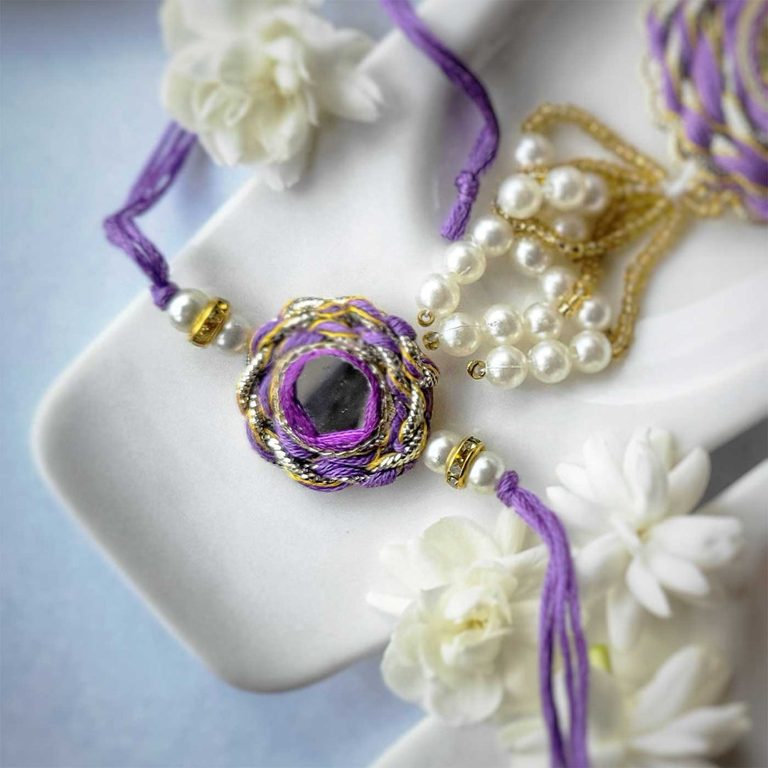 Handmade Mirror Work Braided Rakhi Hamper With Roli Chawal For Bhaiya And Bhabhi - Purple Rakhi Thread Detail