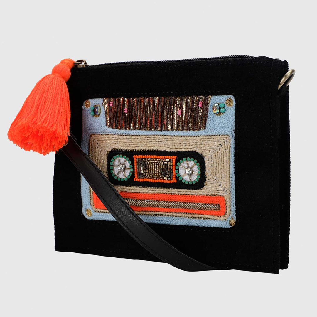 Handmade Embroidered Cassatte Design Black Velvet Sling Bag