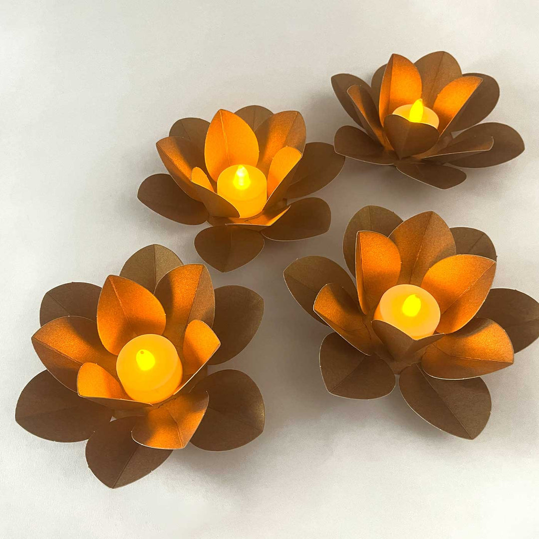 Handmade DIY Lotus Design Paper Tealight Holder With Electic Tealights | Set Of 4