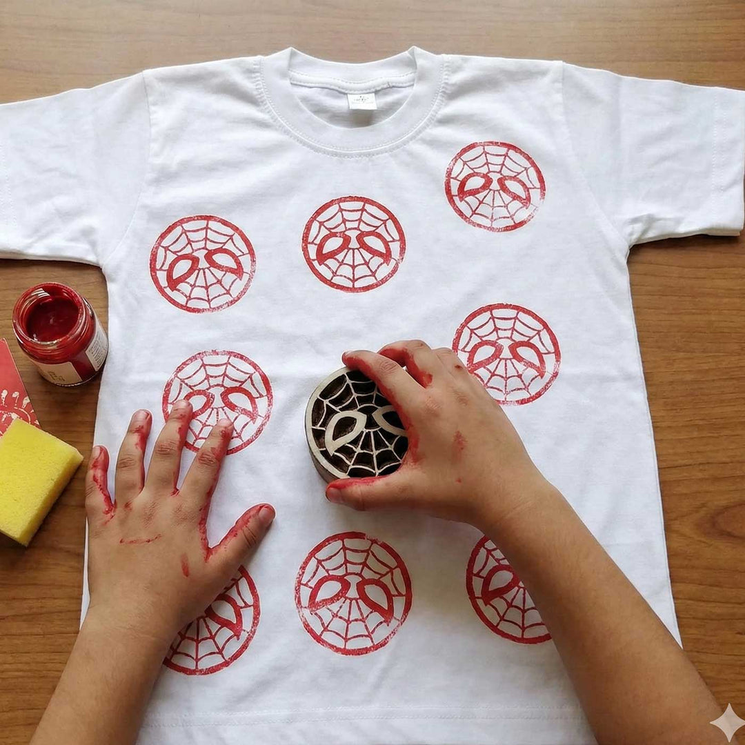 Spiderman Design T-shirt Block Print DIY Kit | 1 White Cotton T-shirt, 1 Fabric Paint And 1 Wooden Block