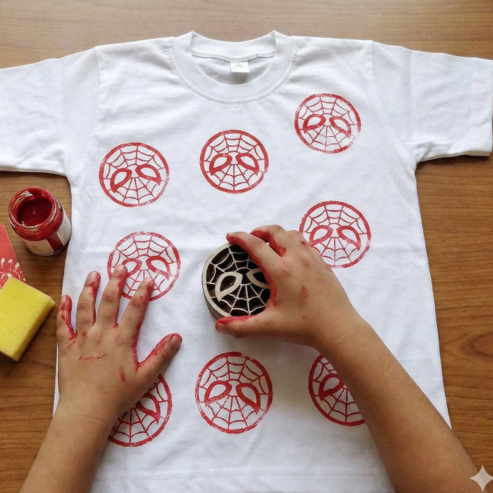 Spiderman Design T-shirt Block Print DIY Kit | 1 White Cotton T-shirt, 1 Fabric Paint And 1 Wooden Block