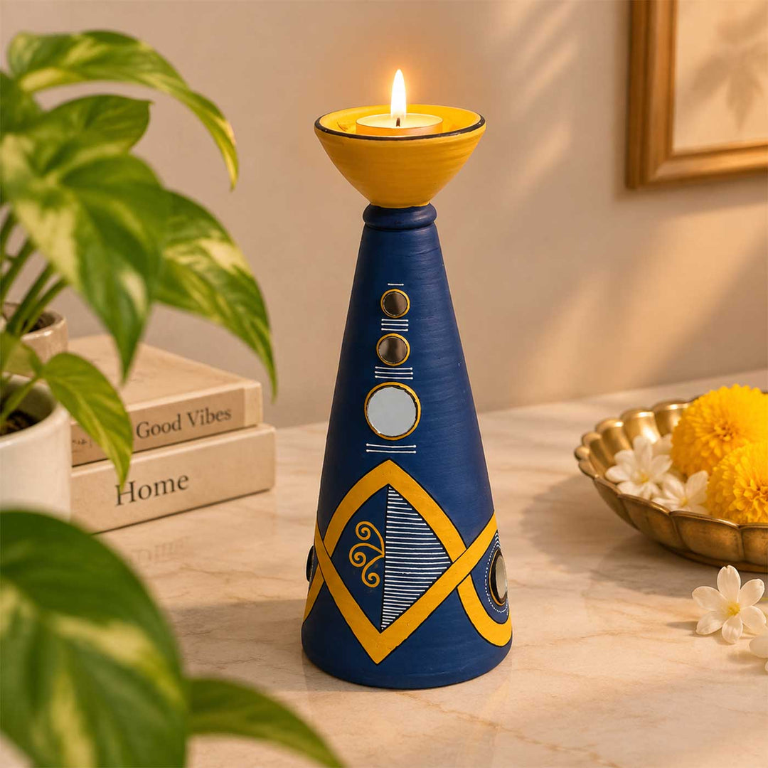 Blue Rhythm Hand-Painted Terracotta Long Diya Tealight Holder For Festive Decor