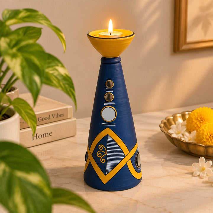 Blue Rhythm Hand-Painted Terracotta Long Diya Tealight Holder For Festive Decor