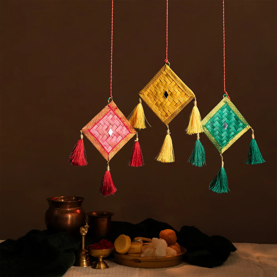 Kite Mirror Embellished Eco-Friendly Handmade Woven Bamboo Hanging | 6 x 2 Inch | Set Of 3