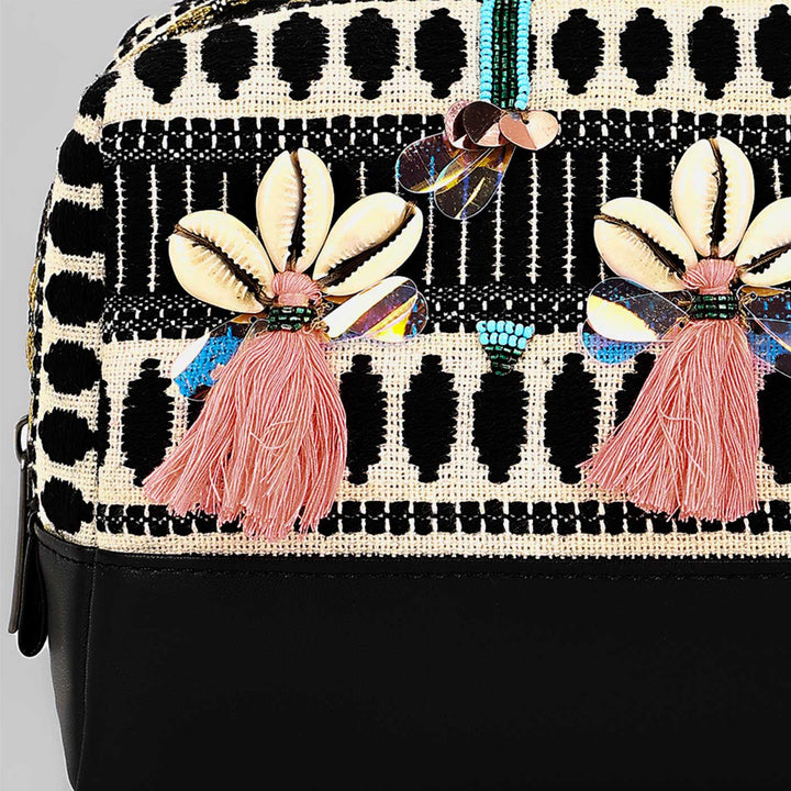 Handmade Embroidered Black And White Jacquard Pouch