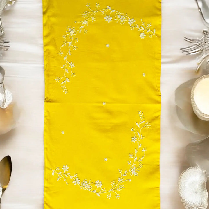 Hand Embroidered Floral Chikankari Cotton Table Runner