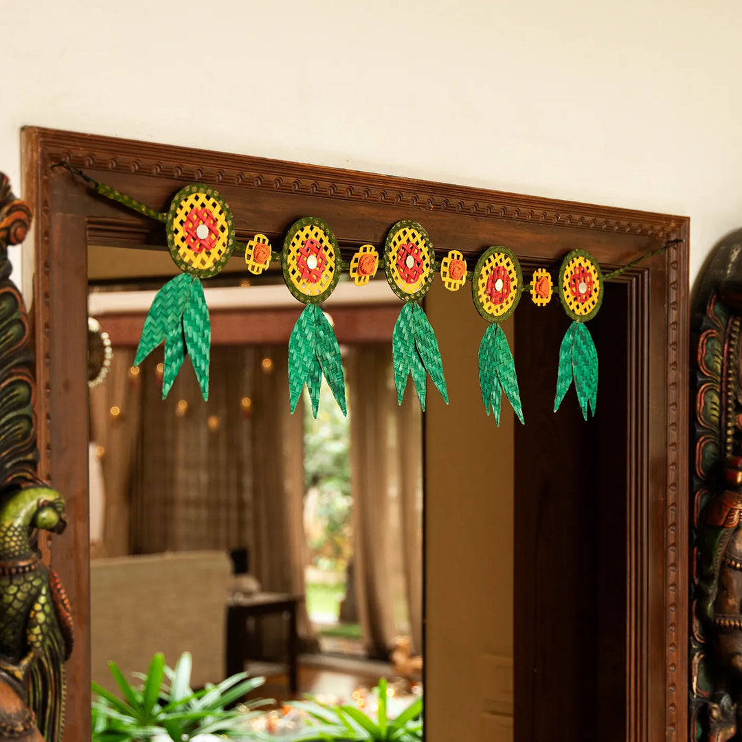 Multicoloured Mirror Embellished Eco-Friendly Handmade Woven Bamboo Hanging | 41 Inch x 9 Inch