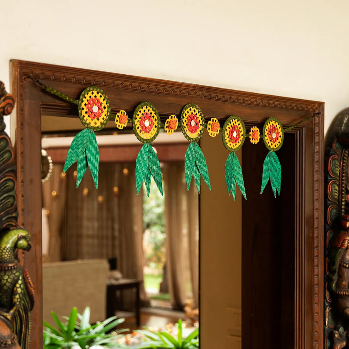 Multicoloured Mirror Embellished Eco-Friendly Handmade Woven Bamboo Hanging | 41 Inch x 9 Inch