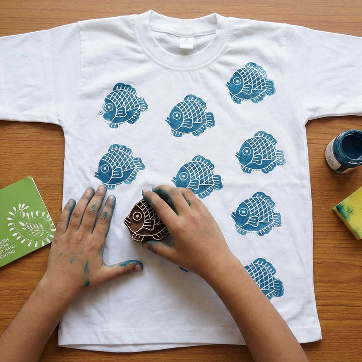 Fish Design T-shirt Block Print DIY Kit | 1 White Cotton T-shirt, 1 Fabric Paint And 1 Wooden Block