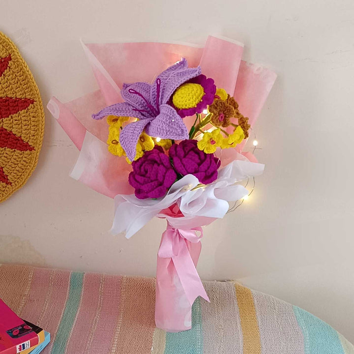 Handmade Crochet Lilac Lily Theme Flower Bouquet With Lights