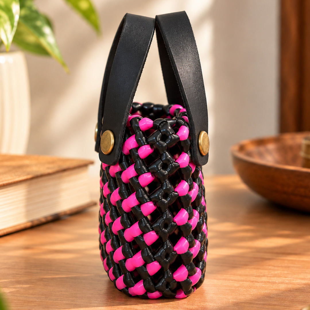 Handwoven Black & Pink Mini Koodai Bag Charm/Festive Gift Pouch