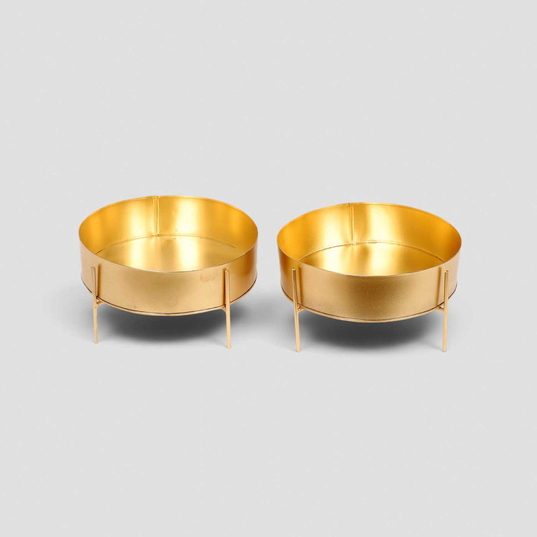 Set of 2 | Handmade Gold Etched Round Table Urli With Stand For Festive Decor